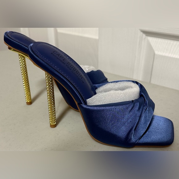 Cape Robbin Quin Blue Square Toe 5” Stiletto Gold High Heel Mules NWT - Picture 3 of 9